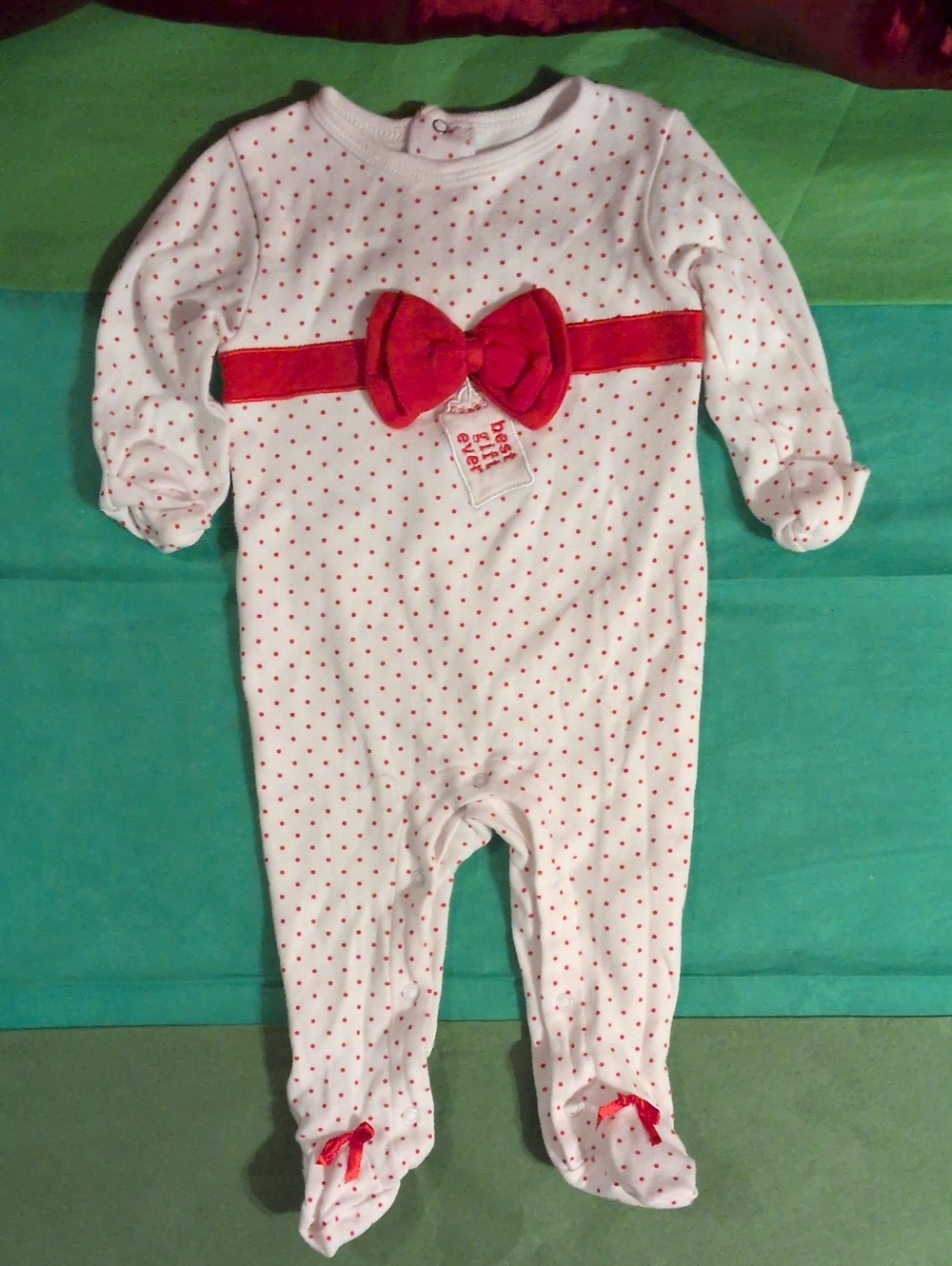 Baby Girls White Polka Dot One-Piece with Red Bow René Rofe 6- Months